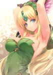  1girl armor armpits blonde_hair blue_eyes breasts brown_gloves closed_mouth commentary_request covered_navel dress gloves green_dress hair_ornament headgear kirishima_satoshi large_breasts long_hair looking_at_viewer riesz seiken_densetsu seiken_densetsu_3 shoulder_armor smile solo strapless strapless_dress 