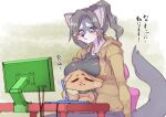  anthro boob_hat breasts canid canine canis clothed clothing computer digital_media_(artwork) domestic_dog drawing_tablet duo female fur jacket japanese_text keyboard larger_female looking_at_viewer male mammal size_difference sparkling_eyes text topwear tukaretainu wolf yazawaowl 