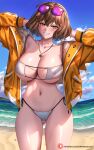  1girl ahoge anis_(nikke) anis_(sparkling_summer)_(nikke) arms_behind_head arms_up ass_visible_through_thighs bare_shoulders beach bikini blue_sky blush breasts brown_hair cleavage collarbone commentary enma_(enmanuelart) eyepatch_bikini eyewear_on_head goddess_of_victory:_nikke grin highres jacket jewelry large_breasts long_sleeves looking_at_viewer navel necklace off_shoulder official_alternate_costume open_clothes open_jacket shore short_hair sky smile solo sunglasses swimsuit thighs white_bikini yellow_eyes yellow_jacket 