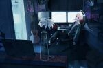  1boy chair crossed_legs crt curtains desk flower gaming_chair glass guitar halo highres indoors instrument lily_(flower) looking_at_viewer monitor original shadow sitting solo swivel_chair white_hair yukitsukumo 