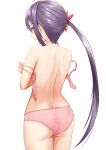  1girl akebono_(kancolle) ass back bell blush bra closed_mouth cowboy_shot flower from_behind hair_bell hair_flower hair_ornament highres jingle_bell kantai_collection long_hair looking_back panties pink_bra pink_flower pink_panties purple_eyes purple_hair side_ponytail simple_background solo underwear underwear_only white_background zuki 
