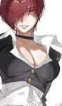  1girl breasts choker genderswap genderswap_(mtf) hair_over_one_eye jacket looking_at_viewer open_mouth pectoral_cleavage pectorals red_eyes red_hair secondary_0000 shirt short_hair smile snk solo the_king_of_fighters yagami_iori 