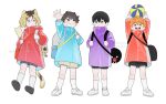  4boys :d animal_ears arms_up bag black_hair blonde_hair blush brown_hair cat_boy cat_ears cat_tail chibi haikyuu!! hair_ornament hairpin highres hinata_shouyou holding holding_bag kageyama_tobio kneehighs kozume_kenma long_sleeves looking_at_another looking_at_viewer male_focus multiple_boys oikawa_tooru_(haikyuu!!) orange_hair raincoat school_bag short_hair shorts shoulder_bag simple_background smile socks tail twitter_username volleyball_(object) waving white_background white_socks xkyoong56 