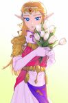  1girl blonde_hair blue_eyes cowboy_shot dress earrings elbow_gloves flower gem gloves gold gradient_background green_background highres holding holding_flower jewelry long_hair pink_dress pointy_ears princess_zelda shoulder_plates solo teeth the_legend_of_zelda the_legend_of_zelda:_ocarina_of_time triforce_earrings white_background white_dress white_flower white_gloves yamori_(yamoooon21) 