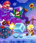  blue_flower blue_overalls boots brothers brown_footwear brown_hair clenched_hands facial_hair flower gloves green_headwear green_shirt hat highres ice ice_cube luigi mario mario_(series) mustache open_mouth outmaway_(mario) overalls red_footwear red_headwear red_shirt shirt short_hair siblings snow super_mario_bros._wonder talking_flower_(mario) teeth toad_(mario) upper_teeth_only vest vinny_(dingitydingus) white_gloves yellow_toad_(mario) yellow_vest 