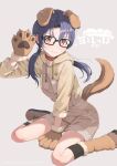  1girl animal_ears animal_hands arm_support black-framed_eyewear black_hair black_socks blush bone_print breasts brown_eyes brown_footwear brown_gloves brown_hoodie brown_leg_warmers brown_overalls commentary_request dog_ears dog_tail fake_animal_ears fake_tail fur-trimmed_gloves fur-trimmed_sleeves fur_trim glasses gloves grey_background hand_up highres hood hoodie idolmaster idolmaster_million_live! idolmaster_million_live!_theater_days long_hair long_sleeves looking_at_viewer low_twintails medium_breasts official_alternate_costume overall_shorts overalls paw_gloves paw_print razi sitting smile socks solo tail takayama_sayoko thighs translation_request twintails v-shaped_eyebrows wariza 