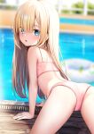  1girl all_fours ass bare_shoulders bikini blonde_hair blue_eyes blunt_bangs blush breasts hair_over_one_eye highres long_hair looking_at_viewer looking_back open_mouth original pink_bikini pool poolside solo swimsuit thighs wet yan_(nicknikg) 