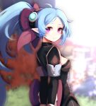  1girl arms_behind_back back_bow blue_hair blurry blurry_background bow cleavage_cutout closed_mouth clothing_cutout dungeon_and_fighter from_side grass hair_bow hwaryeok long_hair looking_at_viewer niu_(dungeon_and_fighter) outdoors ponytail purple_eyes smile solo 