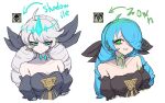  1girl absurdres alternate_eye_color alternate_hair_color bare_shoulders black_bow black_sleeves blush bow breasts cleavage collarbone cropped_torso detached_sleeves drill_hair green_eyes green_hair gwen_(league_of_legends) hair_bow hair_over_one_eye highres large_breasts league_of_legends long_hair monakan_japan multiple_views teeth twin_drills twintails upper_body white_hair 