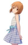  1girl arms_behind_back blue_bow blush bob_cut bow breasts brown_eyes brown_hair buchi_(y0u0ri_) closed_mouth cowboy_shot dot_nose dress from_side hagiwara_yukiho idolmaster idolmaster_(classic) idolmaster_million_live! idolmaster_million_live!_theater_days looking_at_viewer medium_breasts short_hair simple_background sleeveless sleeveless_dress smile solo standing striped striped_dress waist_bow white_background white_dress 