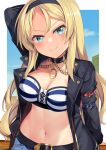  1girl arm_up bandeau belt black_belt black_choker black_hairband black_jacket blonde_hair blue_eyes blue_sky border breasts choker cleavage commentary_request cosplay day gold_city_(umamusume) gold_city_(umamusume)_(cosplay) hairband highres jacket kantai_collection long_hair long_sleeves looking_at_viewer midriff navel nelson_(kancolle) open_clothes open_jacket outdoors outside_border sky smile solo stomach strapless striped_bandeau tube_top umamusume upper_body very_long_hair white_border yasume_yukito 
