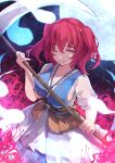  1girl chiroru_(cheese-roll) closed_mouth flower highres holding holding_weapon looking_at_viewer moon one_eye_closed onozuka_komachi red_hair scythe short_twintails smile spider_lily touhou twintails weapon 