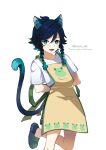  1boy absurdres alternate_costume animal_ears aqua_eyes aqua_hair bare_legs black_hair blue_hair braid cat_boy cat_ears cat_tail fang feet genshin_impact gradient_hair highres lkari_shi male_focus multicolored_hair open_mouth otoko_no_ko overalls sandals shirt short_sleeves smile solo t-shirt tail toes tongue twin_braids venti_(genshin_impact) white_shirt 