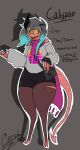  2022 absurd_res artist_name calypso_(marosynth) clothed clothing digital_drawing_(artwork) digital_media_(artwork) digitigrade english_text flat_colors girly hi_res horn humanoid imp leggings legwear marosynth nonbinary_(lore) not_furry scarf signature solo teeth text thick_thighs yellow_sclera 