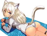  1girl animal_ears arm_support ass blue_eyes blush body_markings cat_ears cat_girl cat_tail commentary cougar_(cougar1404) cropped_jacket cut_cat heterochromia jacket long_hair long_sleeves looking_at_viewer looking_back lying no_pants on_stomach panties parted_lips shadow shirt silui_(cut_cat) solo tail tan thigh_strap tiger_stripes underwear white_jacket white_panties white_shirt yellow_eyes 