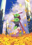  absurdres animal_focus autumn_leaves beak bird blue_sky cloud falling_leaves gara_(qbeuxvii22) highres leaf natu no_humans pillar pokemon pokemon_(creature) sky standing stone_pillar wings xatu 