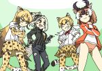  4girls animal_ears animal_print black_gloves black_hair black_pants blonde_hair boots bow bowtie breast_pocket breasts brown_eyes brown_hair buruma cheetah_(kemono_friends) cheetah_ears cheetah_girl cheetah_print cheetah_tail closed_mouth collared_shirt colored_inner_hair crocodile_girl crocodilian_tail crossed_arms denim elbow_gloves extra_ears eyelashes eyeshadow fang feet_out_of_frame fingerless_gloves gloves green_eyes green_hair green_jacket grin hair_between_eyes hand_on_own_hip hands_on_own_hips hands_up high_ponytail horizontal_pupils horns jacket jeans kemono_friends kemono_friends_2 leaning_forward legs_apart leopard_(kemono_friends) leopard_ears leopard_girl leopard_print leopard_tail light_brown_hair long_hair long_sleeves looking_at_another makeup medium_breasts medium_hair miniskirt multicolored_hair multiple_girls necktie no_bra open_clothes open_jacket open_mouth orange_buruma orange_jacket pants partially_unzipped pleated_skirt pocket print_gloves print_necktie print_skirt print_thighhighs pronghorn_(kemono_friends) red_bow red_bowtie saltwater_crocodile_(kemono_friends) shirt short_sleeves skirt slit_pupils smile spiked_jacket spiked_sleeves spikes sportswear srd_(srdsrd01) standing tail thighhighs torn_clothes torn_jeans torn_pants track_jacket twintails two-tone_hair very_long_hair white_hair white_shirt wing_collar yellow_eyes zettai_ryouiki zipper zipper_pull_tab 