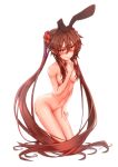  1girl absurdres animal_ears arched_back black_hairband blush breasts brown_hair closed_mouth completely_nude fake_animal_ears flower genshin_impact hair_censor hair_flower hair_ornament hair_over_breasts hair_ribbon hairband highres hu_tao_(genshin_impact) junyakun0405 kneeling long_hair looking_at_viewer navel neck_ribbon nude purple_ribbon rabbit_ears red_eyes red_flower red_ribbon ribbon simple_background small_breasts solo symbol-shaped_pupils twintails very_long_hair white_background 