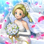  1girl bianca_(dq5) blonde_hair blue_eyes bouquet breasts cape dragon_quest dress earrings highres jewelry medium_breasts non-web_source official_art smile solo wedding_dress 