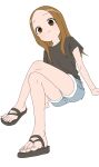  1girl absurdres black_footwear black_shirt blue_shorts brown_eyes brown_hair closed_mouth crossed_legs feet forehead highres karakai_jouzu_no_takagi-san legs long_hair looking_at_viewer sandals shirt short_sleeves shorts simple_background smile solo t-shirt takagi-san toenails toes white_background yamamoto_souichirou 