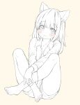  1girl animal_ear_fluff animal_ears barefoot blush cat_ears collared_shirt crossed_ankles feet flat_chest full_body highres long_hair long_sleeves looking_at_viewer monochrome mutou_mato original shirt short_shorts shorts sitting smile solo spot_color toes 