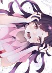  1girl abstract_background apron bandaged_arm bandages black_hair chromatic_aberration collared_shirt crying crying_with_eyes_open danganronpa_(series) danganronpa_2:_goodbye_despair hands_in_hair hands_on_own_head highres long_hair mole mole_under_eye nakiyande open_mouth pink_eyes pink_shirt puffy_short_sleeves puffy_sleeves shirt short_sleeves sideways simple_background solo tears tsumiki_mikan white_apron white_background 