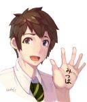  1boy :d artist_name brown_hair close-up commentary diagonal-striped_necktie dress_shirt green_eyes green_necktie hand_up kimi_no_na_wa. looking_at_viewer male_focus mar10 necktie nose open_mouth portrait school_uniform shirt signature simple_background smile tachibana_taki thick_eyebrows translated waving white_background white_shirt writing_on_hand 
