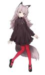  1girl absurdres animal_ears artist_request black_dress black_footwear dress fox_ears fox_girl fox_tail full_body grey_eyes grey_hair highres jaana_kettu long_hair long_sleeves looking_at_viewer original pantyhose red_pantyhose second-party_source shoes simple_background solo standing tail white_background 
