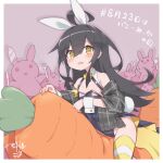  1girl ahoge animal animal_ears black_hair black_leotard blush border carrot crescent crescent_pin dated fake_animal_ears fake_tail fork kantai_collection knife leotard long_hair mikazuki_(kancolle) murabatodenki open_mouth rabbit rabbit_ears rabbit_tail signature solo striped striped_thighhighs tail thighhighs white_border wrist_cuffs yellow_eyes 