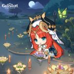  1girl absurdres aqua_eyes breasts chibi crop_top crystalfly_(genshin_impact) fake_horns genshin_impact highres horns jewelry kratong long_hair long_sleeves loy_kratong nilou_(genshin_impact) official_art open_mouth red_hair river solo water 