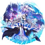  5girls black_hair blue_eyes blue_hair bronya_zaychik bronya_zaychik_(herrscher_of_reason) drill_hair full_body grey_eyes grey_hair hair_ornament holding honkai_(series) honkai_impact_3rd horns liliya_olenyeva monster multicolored_hair multiple_girls official_art pink_hair red_hair rozaliya_olenyeva seele_(alter_ego) seele_vollerei short_hair skirt thighhighs third-party_source tlaloc_(honkai_impact) transparent_background two-tone_hair 