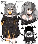  ... 1girl alternate_costume bandaid bare_shoulders black_jacket breasts bubble_blowing chewing_gum choker cleavage collarbone demon_horns demon_tail demon_wings emne expressionless fang grey_hair hair_ornament hairclip highres honkai:_star_rail honkai_(series) horns jacket legs long_hair long_sleeves scratches stelle_(honkai:_star_rail) tail tears torn_clothes trailblazer_(honkai:_star_rail) wings yellow_eyes 