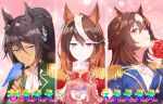  4girls agnes_digital_(umamusume) animal_on_hand aqua_eyes bird black_hair blank_eyes blue_eyes bow bowtie brown_hair closed_mouth cup dark-skinned_female dark_skin earrings epaulettes flower green_jacket hair_bow hair_ornament holding holding_cup holding_flower jacket jewelry long_hair looking_at_viewer multicolored_hair multiple_girls multiple_views open_mouth parted_lips pink_hair ponytail purple_eyes red_jacket romi_(346_ura) rose shirt single_earring sirius_symboli_(umamusume) smile streaked_hair symboli_kris_s_(umamusume) symboli_rudolf_(umamusume) turn_pale two_side_up umamusume umayuru white_shirt 