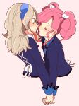  2girls aikatsu! aikatsu!_(series) amahane_madoka blonde_hair blue_jacket blush closed_eyes closed_mouth commentary_request cropped_torso embarrassed facing_another from_side holding_hands imminent_kiss jacket kumo_suzume kurosawa_rin_(aikatsu!) long_hair long_sleeves looking_at_another multiple_girls neck_ribbon parted_lips pink_hair red_ribbon ribbon school_uniform shirt simple_background starlight_academy_school_uniform sweatdrop twintails white_ribbon white_shirt wing_hair_ornament yuri 