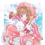  1girl brown_hair card cardcaptor_sakura clow_card commentary dress frilled_dress frills fuuin_no_tsue glove_bow gloves grey_eyes hair_intakes hano_luno highres holding holding_card kinomoto_sakura magical_girl pink_dress pink_headwear puffy_short_sleeves puffy_sleeves short_hair short_sleeves smile solo white_gloves white_wings wings 