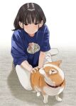  1girl animal black_hair blue_shirt brown_eyes closed_mouth dog half-closed_eyes mattaku_mousuke no_shoes original pants shirt short_sleeves socks solo twitter_username watermark white_background white_pants white_socks 