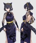  1girl absurdres alternate_costume animal_ear_fluff animal_ears bare_back black_dress black_hair black_jaguar_(kemono_friends) breasts commentary dress extra_ears grey_background highres jaguar_ears jaguar_girl jaguar_tail jewelry kemono_friends medium_breasts multiple_views short_hair side_slit simple_background tail tanabe_(fueisei) 