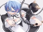  1girl ball_and_chain_(weapon) blue_eyes blue_hair blush breasts chain cleavage commentary detached_sleeves eye_trail fighting_stance frilled_sleeves frills grey_background hair_between_eyes hair_ornament highres holding holding_weapon large_breasts light_trail maid nitsuki_09 open_mouth re:zero_kara_hajimeru_isekai_seikatsu rem_(re:zero) ribbon-trimmed_clothes ribbon_trim roswaal_mansion_maid_uniform short_hair simple_background solo spiked_ball_and_chain weapon x_hair_ornament 