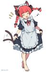  1girl alternate_costume animal_ears apron barefoot black_dress blush braid cat_ears cat_tail closed_eyes dress enmaided extra_ears fang frilled_apron frilled_dress frills full_body highres kaenbyou_rin long_hair maid maid_apron maid_headdress multiple_tails open_mouth ramudia_(lamyun) red_hair short_sleeves simple_background smile solo tail touhou twin_braids twitter_username two_tails white_apron white_background wrist_cuffs 