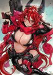  1girl black_gloves breasts cleavage fingerless_gloves gloves goddess_of_victory:_nikke gun hair_between_eyes highres holding holding_gun holding_weapon horns jacket large_breasts leather leather_jacket long_hair long_sleeves looking_at_viewer magion02 mechanical_horns navel red_hair red_hood_(nikke) red_scarf scarf sidelocks smile solo weapon wide_hips yellow_eyes 