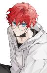  1boy amagi_hiiro aqua_eyes bespectacled closed_mouth commentary_request drawstring earrings ensemble_stars! glasses highres hood hood_down hoodie jewelry korean_text looking_at_viewer male_focus mask mouth_mask nong_345 red_hair round_eyewear short_hair simple_background solo white_background white_hoodie 