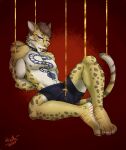  2017 abs absurd_res anthro bulge clothed clothing clouded_leopard collar digital_media_(artwork) dripping erection felid feline fur hair hi_res likulau looking_at_viewer male mammal muscular muscular_anthro muscular_male nekojishi nipples pantherine pistacho simple_background solo spiked_collar spikes spots studio_klondike tail tattoo tongue tongue_out underwear underwear_only visual_novel wired 