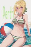  1girl ball bare_arms bare_legs bare_shoulders beachball bikini blonde_hair blush breasts character_name cleavage collarbone groin hair_between_eyes hair_ornament hairclip highres kantai_collection ma_rukan medium_breasts navel open_mouth perth_(kancolle) purple_eyes short_hair solo striped striped_bikini swimsuit water 