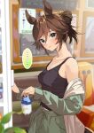  1girl ahoge alternate_hairstyle animal_ears bare_shoulders black_shirt blurry blurry_background blurry_foreground blush breasts brown_hair cleavage closed_mouth green_jacket green_shorts hair_between_eyes hair_bun horse_ears indoors jacket looking_at_viewer misu_kasumi mr._c.b._(umamusume) off_shoulder refrigerator shirt short_hair shorts small_breasts smile solo speech_bubble tank_top translation_request umamusume upper_body 