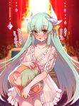  1girl blush breasts cleavage collarbone dragon_girl dragon_horns fate/grand_order fate_(series) frills green_hair highres horns kiyohime_(fate) long_hair looking_at_viewer medium_breasts mitsurugi_sugar multiple_horns open_mouth shirt solo stuffed_toy thighs translation_request variant_set white_shirt yellow_eyes 