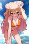  1girl :d arm_up bare_arms bare_shoulders big_hair bikini blonde_hair blue_sky blush breasts cleavage cloud cloudy_sky collarbone day double_bun fang feet_out_of_frame flower flower_wreath green_eyes hair_between_eyes hair_bun hair_flower hair_ornament hand_in_own_hair hand_on_own_leg hololive leaning_forward legs_apart long_hair looking_at_viewer medium_breasts momosuzu_nene navel open_mouth orange_bikini outdoors pink_flower raised_eyebrow skin_fang sky smile solarisu solo standing string_bikini swimsuit 