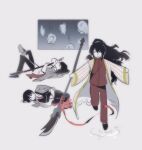  1girl 2boys black_hair black_pants black_vest blurry chinese_clothes closed_eyes coat facing_viewer fetal_position gapamopa grey_jacket guan_dao half_updo highres holding holding_weapon hong_lu_(limbus_company) jacket jacket_on_shoulders katana limbus_company long_hair long_sleeves lying multiple_boys on_back open_mouth pants project_moon red_jacket red_pants ryoshu_(limbus_company) shirt simple_background smile sword very_long_hair vest weapon white_background white_coat white_shirt yi-sang_(limbus_company) 