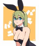  1girl animal_ears bare_shoulders black_bow black_bowtie black_hairband black_leotard blue_eyes bow bowtie breasts cleavage closed_mouth collar commentary_request detached_collar fake_animal_ears green_eyes hair_between_eyes hairband highres leotard looking_at_viewer medium_breasts muu_(mumumer) orange_background original playboy_bunny rabbit_ears smile solo strapless strapless_leotard text_background two-tone_background upper_body white_background white_collar wing_collar yunomiya_agari 