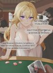  1girl 3others ahoge blonde_hair breasts cleavage collarbone dark_skin dress english_text hand_on_own_hip highres large_breasts long_hair looking_at_viewer multiple_others people poker_chip poker_table pov pov_hands purple_eyes rwby smile solo_focus speech_bubble table very_long_hair wangxiii white_dress yang_xiao_long 