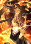  1girl absurdres arm_tattoo blue_eyes breasts brown_hair facial_mark final_fantasy final_fantasy_xiv fire from_side hand_on_own_hip hide_(hideout) highres holding holding_sword holding_weapon katana looking_at_viewer medium_breasts medium_hair miqo&#039;te mouth_hold ponytail samurai_(final_fantasy) solo sword tattoo warrior_of_light_(ff14) weapon whisker_markings 